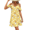 d'été mini à épaules dénudées pour femme avec motif Corgi Dog, robe de plage à volants, idéale pour les fêtes.