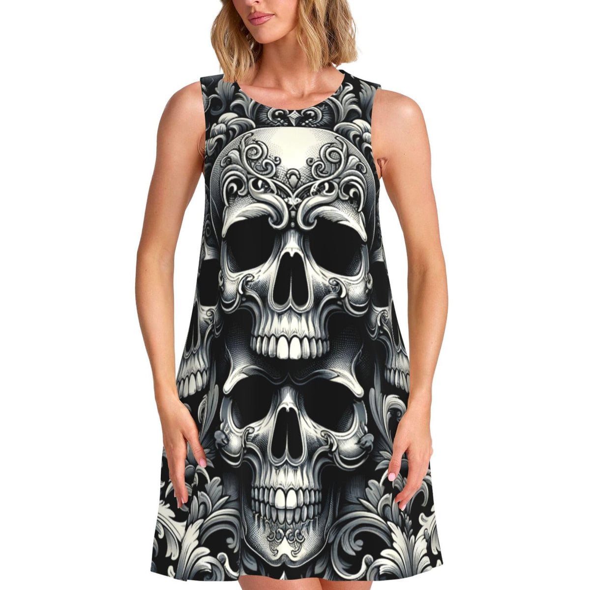 sans manches noire à motif baroque et tête de mort Augenstern, avec 2 poches latérales, coupe trapèze.