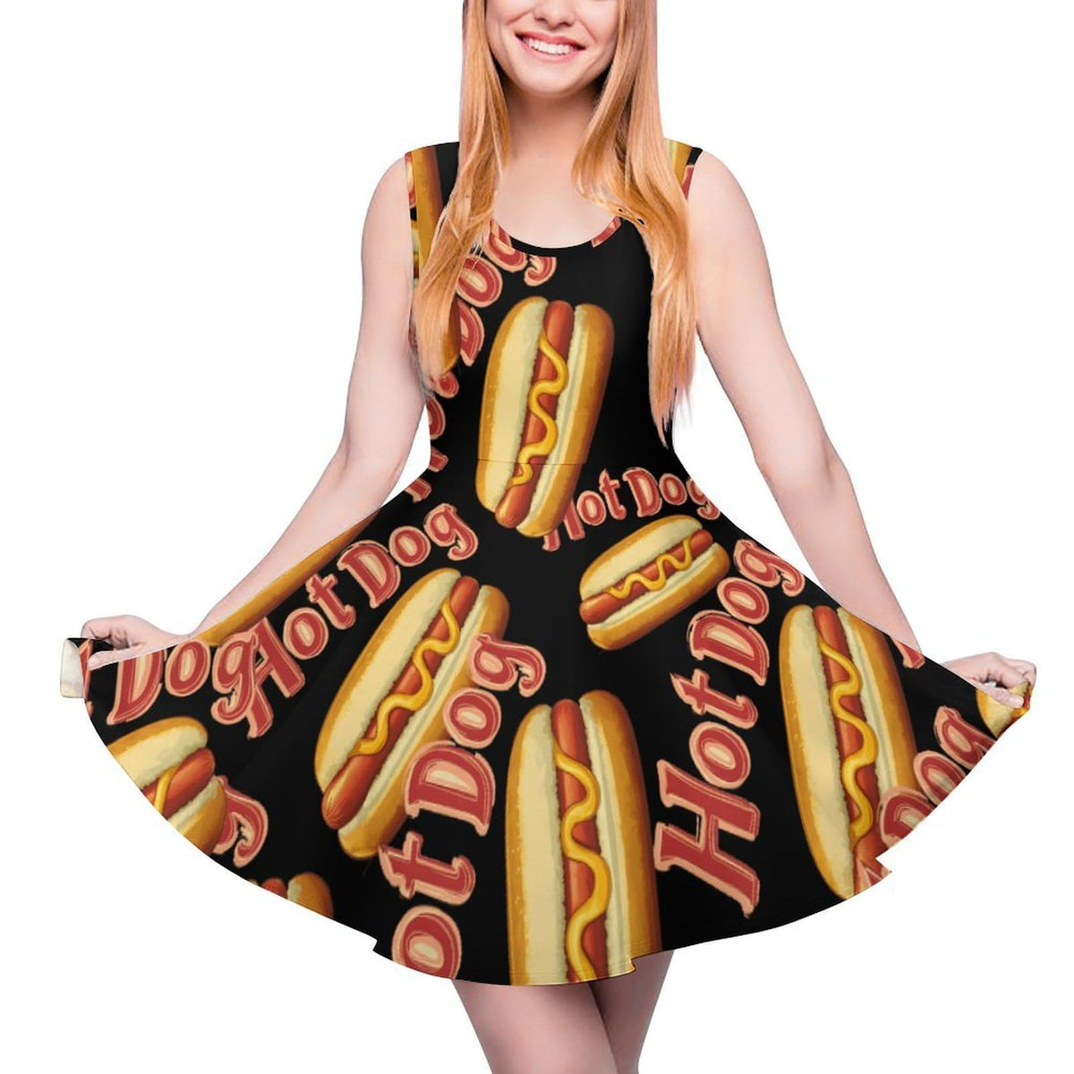 pour femme Hot Dog Shop, robe à col rond, robe débardeur sans manches, robe d'été à ourlet volanté